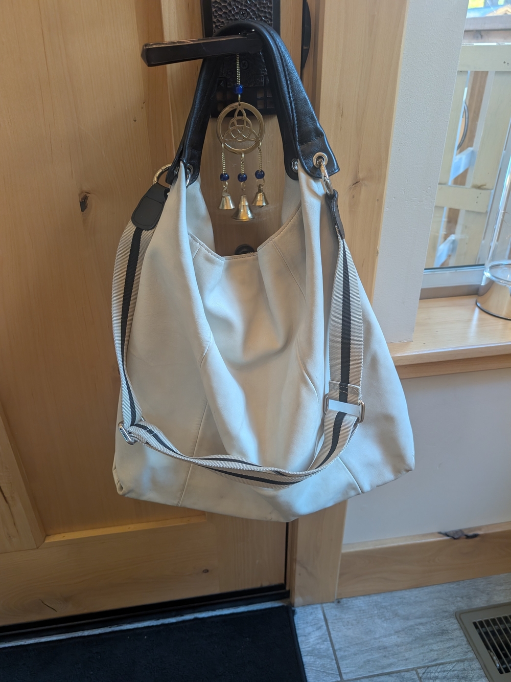 Furla Cream Shoulder Hobo with Black Trim and Striped Strap